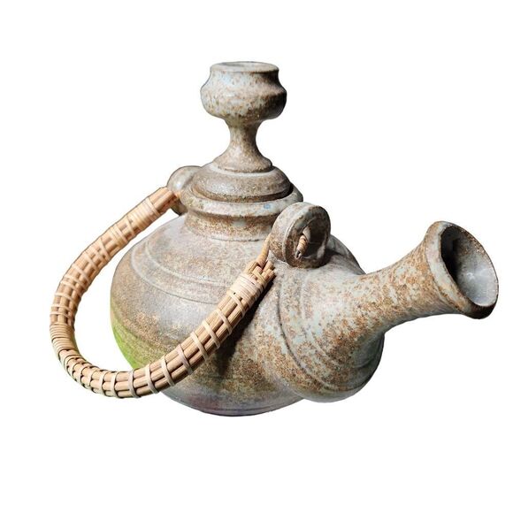 Unusual Clay Pottery Teapot with Rattan Handle Tall Lid Brown Handmade - Picture 5 of 13